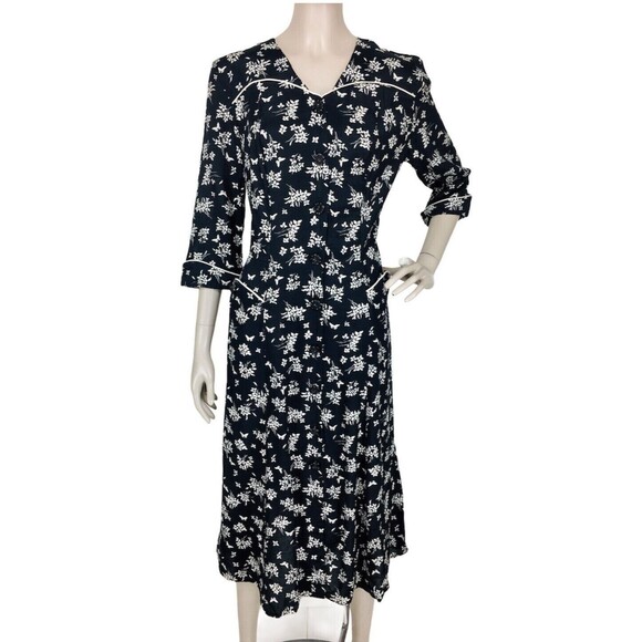 VTG 80s Does 40s Caroline Wells Blk/Whi Bouquet Floral Button-Down Midi Dress - Picture 1 of 8